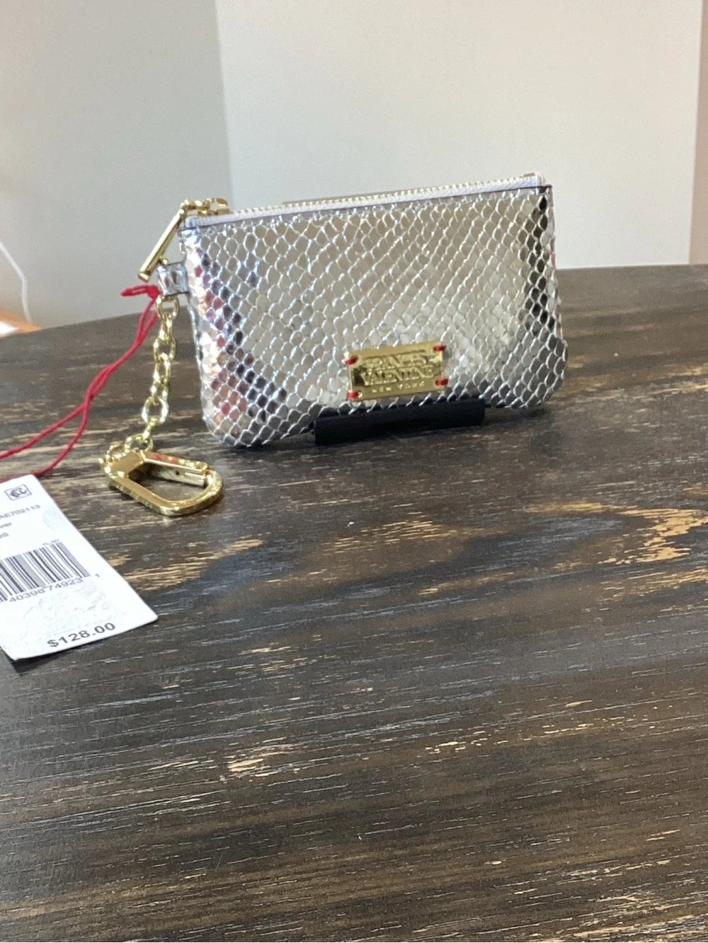 Frances Valentine Bitsy Snakeskin Embossed Silver Metallic Leather Key Pouch
